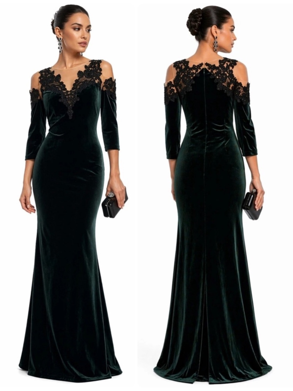 MARCHESA NOTTE Emerald Velvet Cold-Shoulder Lace Beaded Gown Maxi Dress $1095